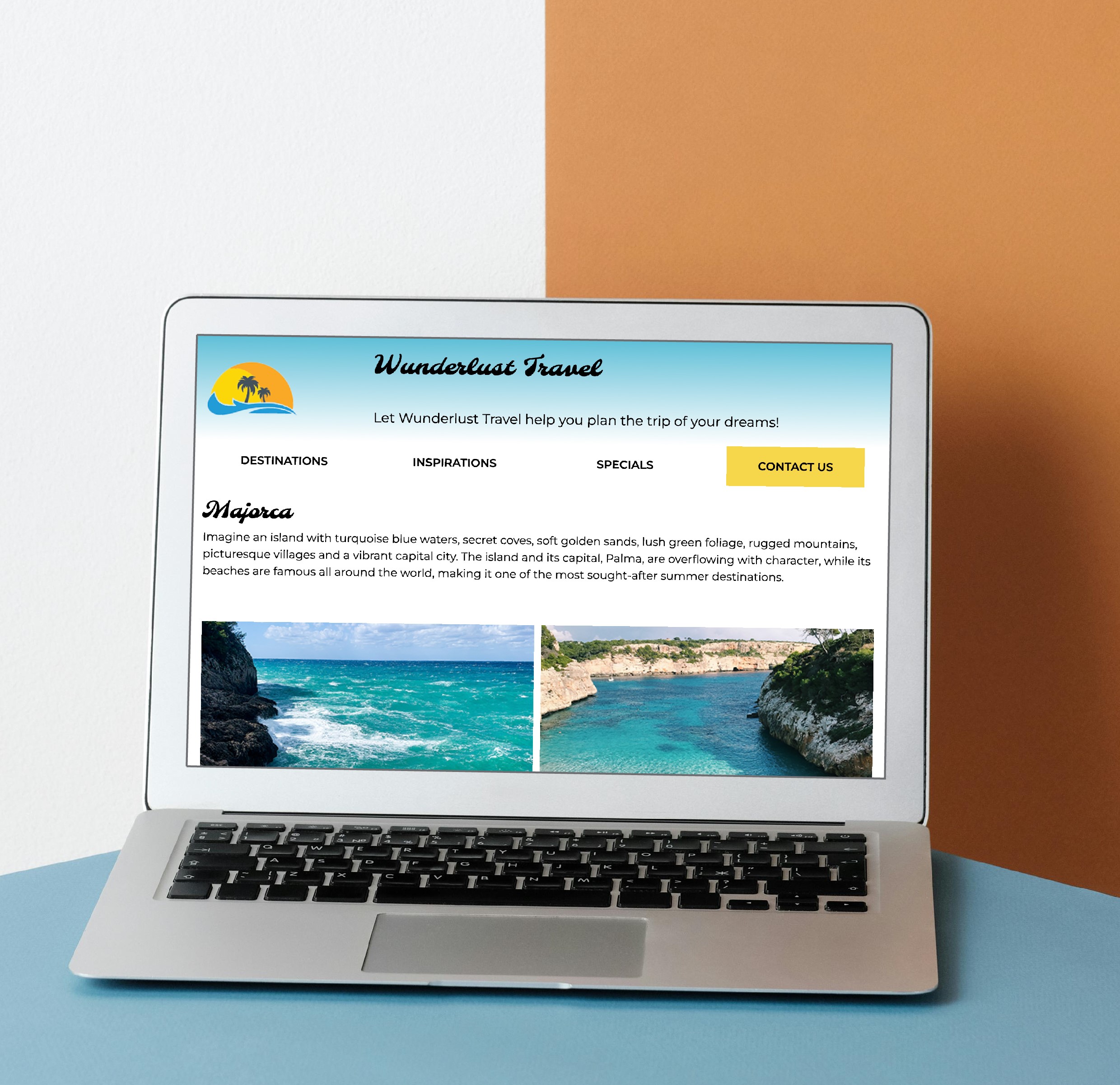display of a website build for Wunderlust travel on a laptop