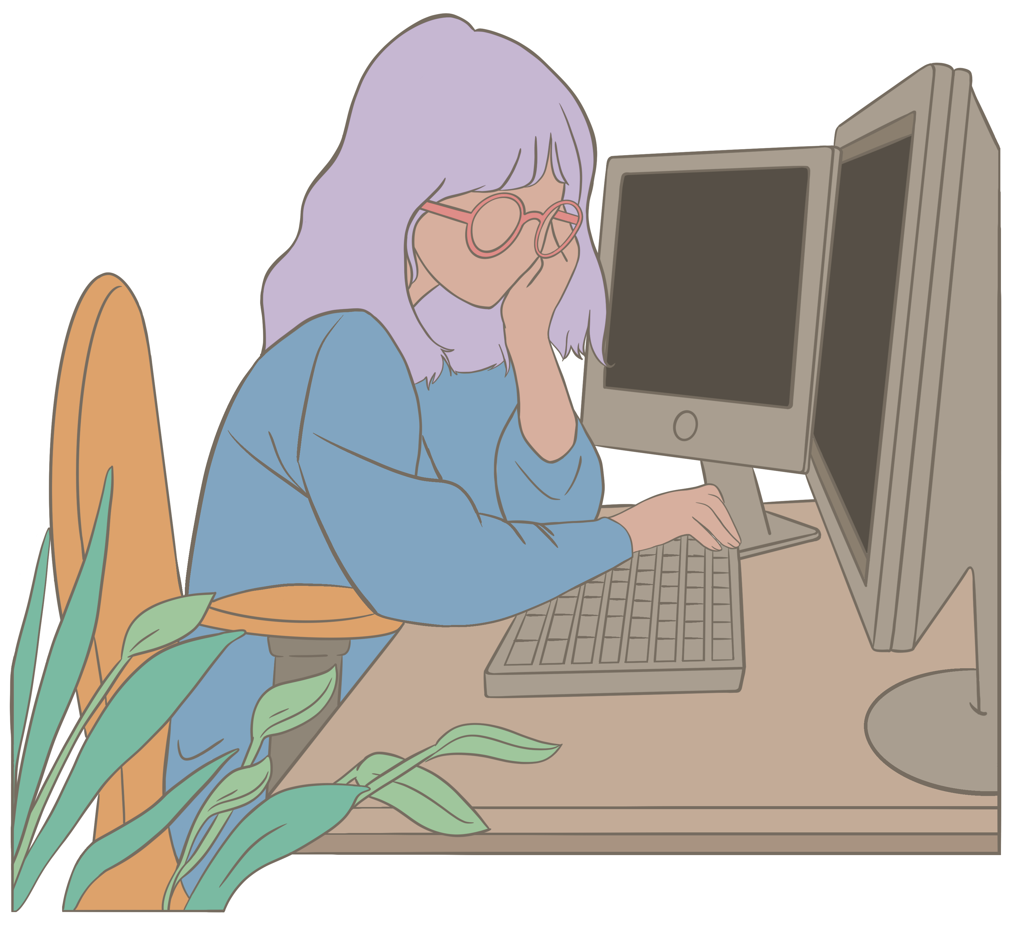 drawing of ashley sitting at a desk coding