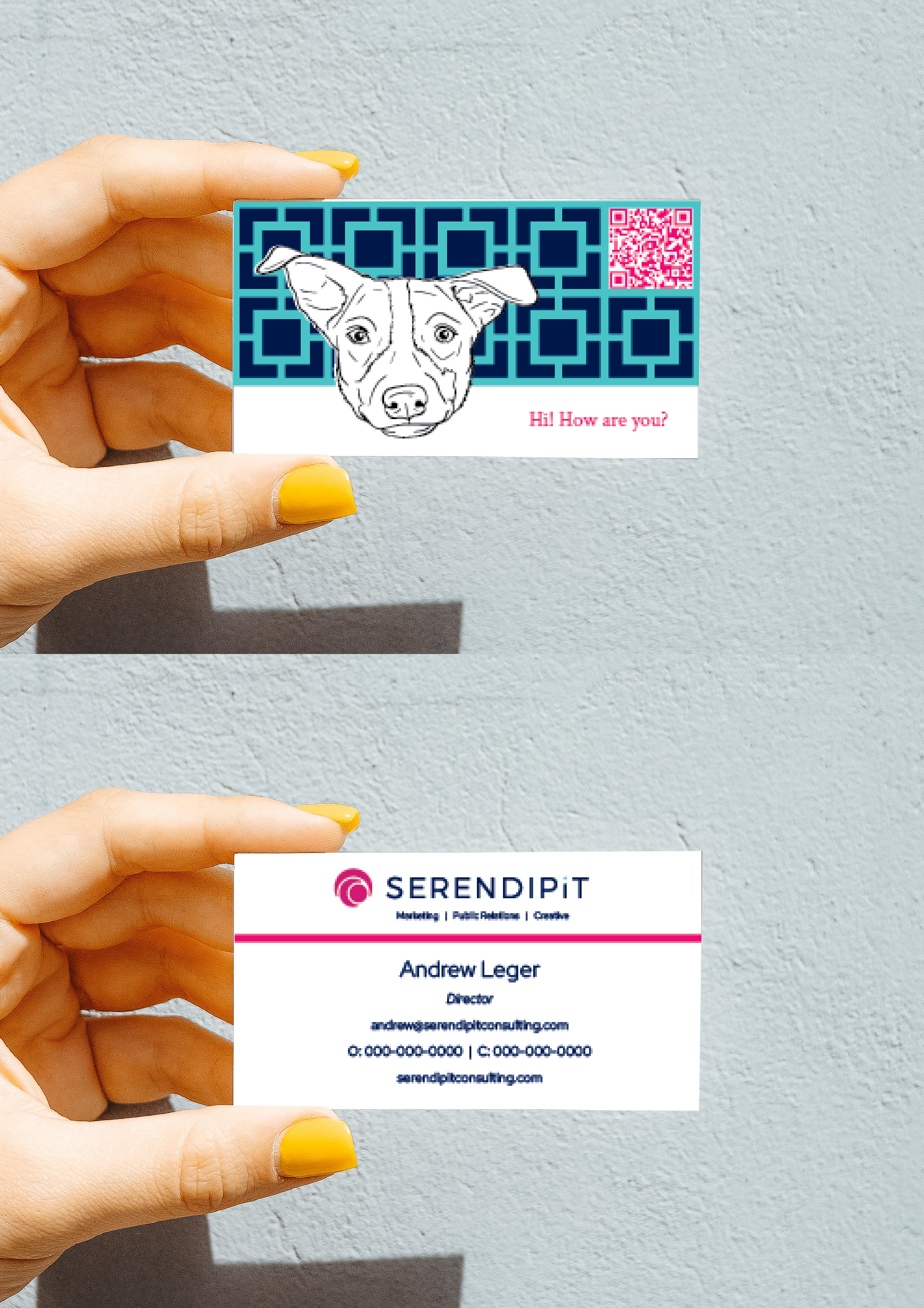 business cards for serendipit marketing with puppy head